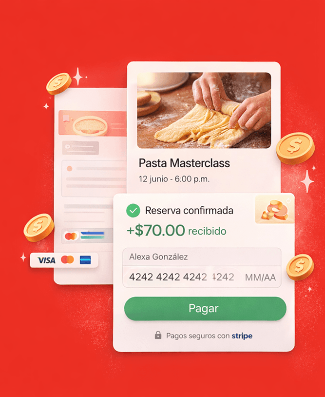 Interfaz de reserva de Pasta Masterclass y confirmación de pago de $70 con Stripe